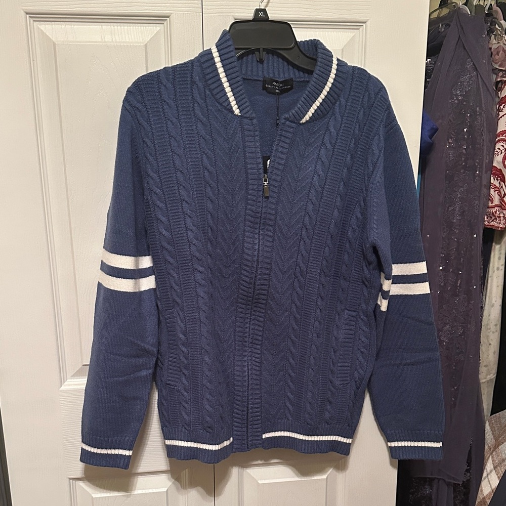 Classic Blue Zip-Up Sweater with White Accents